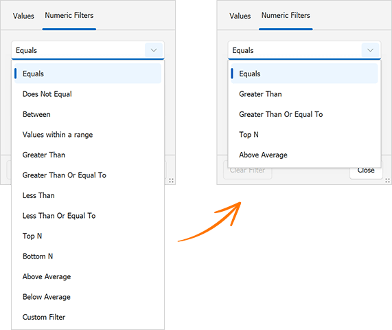 Hide Specific Filters from Excel-inspired Filter Dropdown - WinForms Data Grid, DevExpress